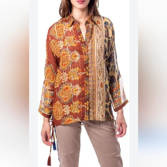 Desigual Boho Moroccan Paisley Sheer Blouse Tie Waist Tassels Button Down Large - Picture 1 of 16